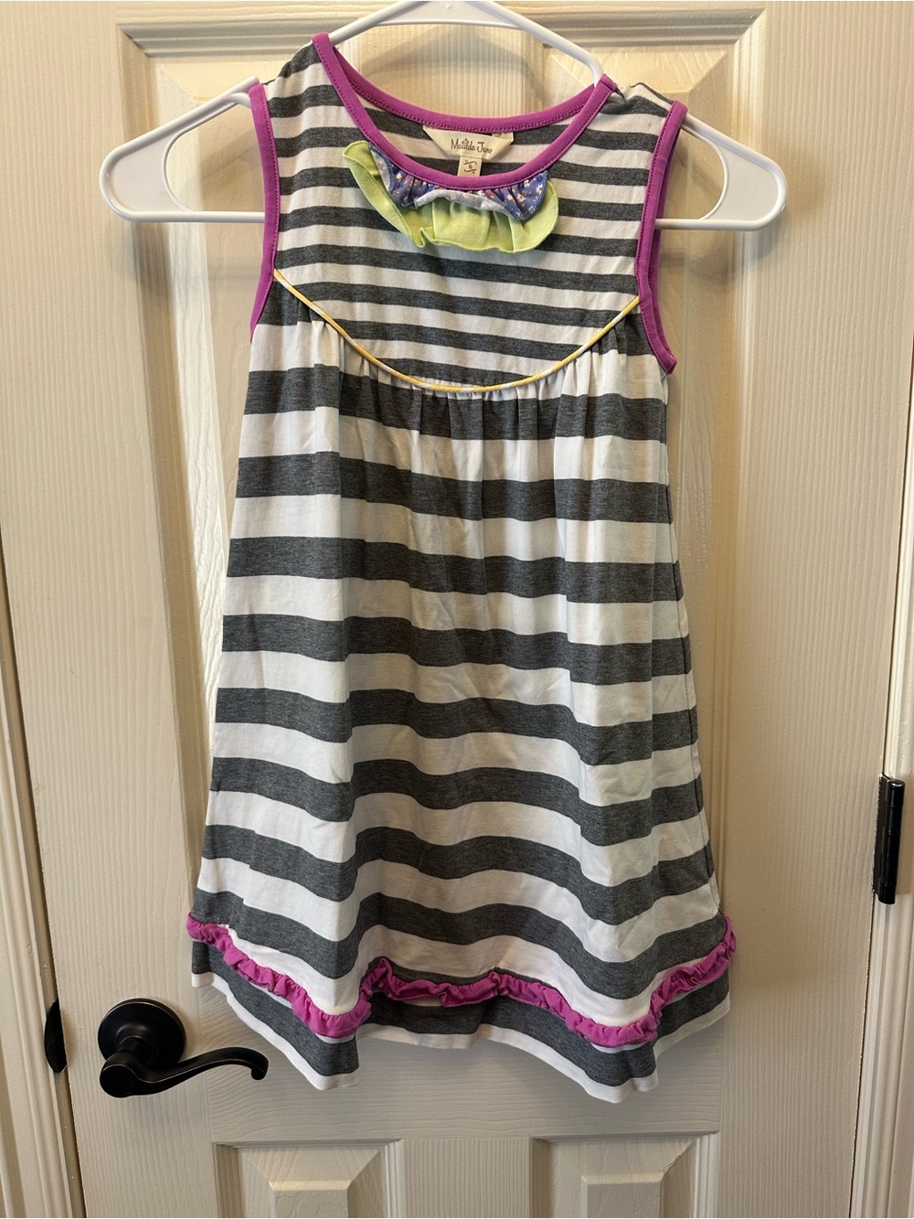Matilda Jane Gray and White Striped Sleeveless Dress with Pink Trim